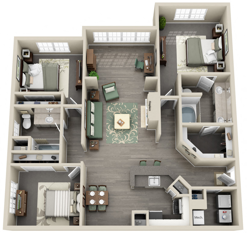 Floor plan for 3 beds, 2 baths, 1430 sqft